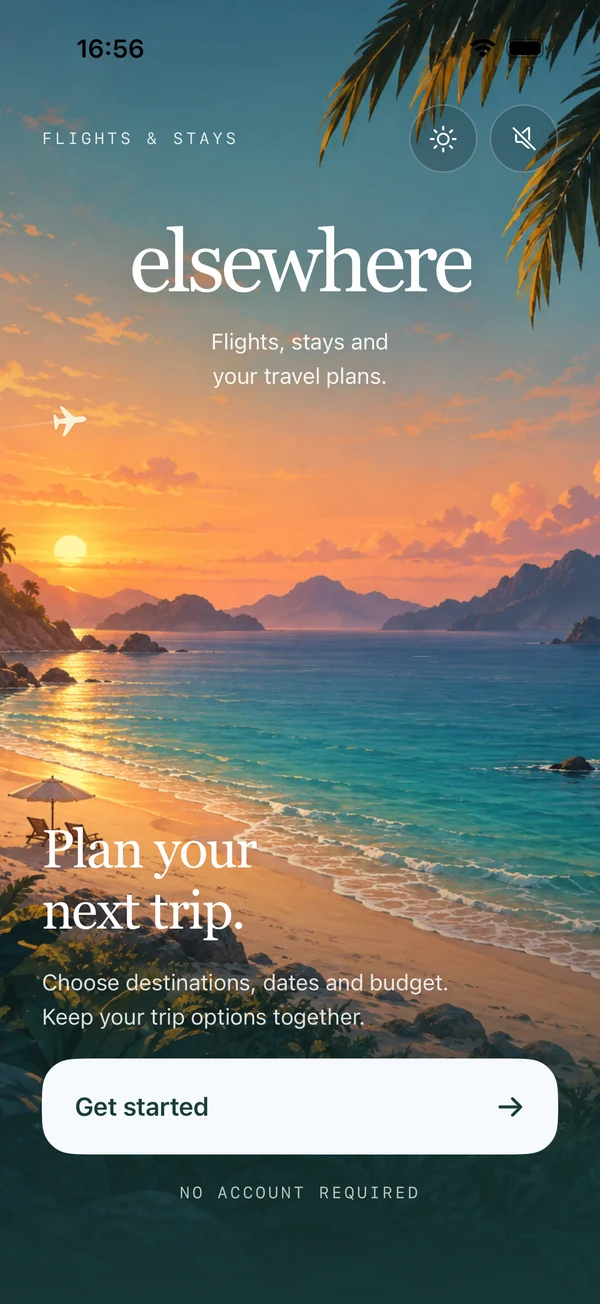 Elsewhere’s actual iPhone welcome screen, with an illustrated beach and Get started button