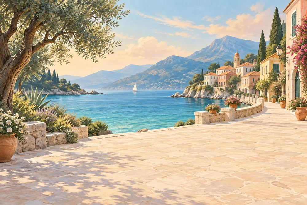 An illustrated seaside promenade