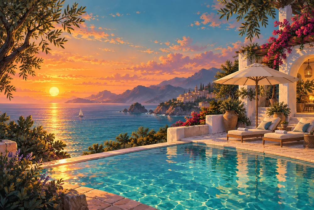 Illustration of a sunlit seaside terrace