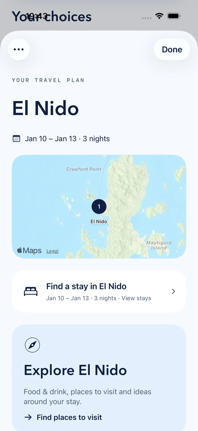 Elsewhere’s El Nido stop, showing dates, a map, stays and places to explore.